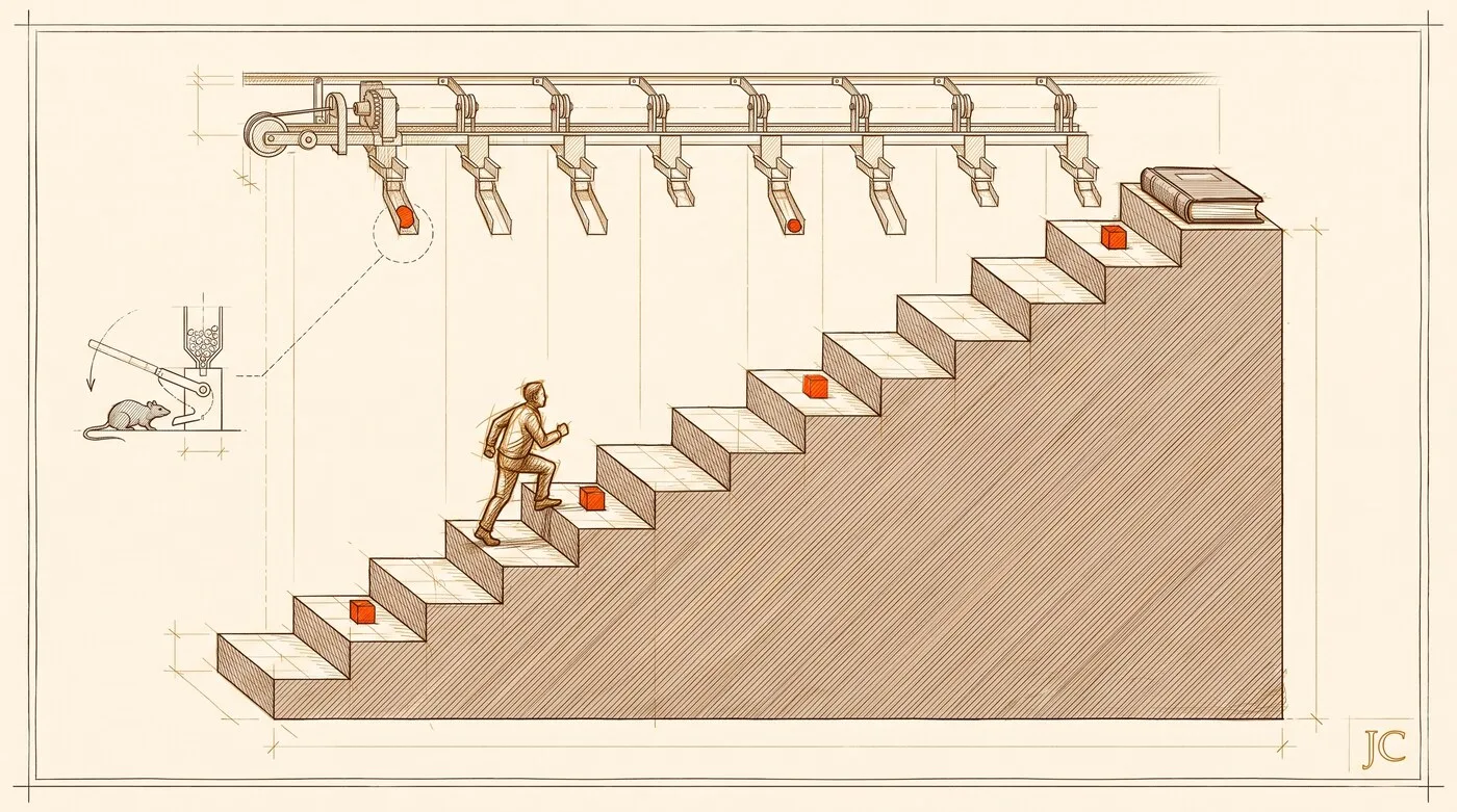 Architectural record-plate drawing of a figure climbing a ten-landing staircase toward a book at the summit, an overhead chute delivering a signal-orange reward to some landings and skipping others, with a lever-and-pellet lab schematic in the margin