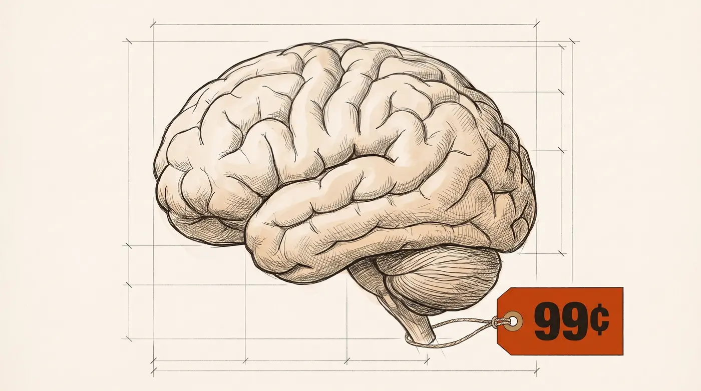 Architectural record-plate drawing of a human brain with a 99¢ clearance price tag, illustrating low-priced thinking