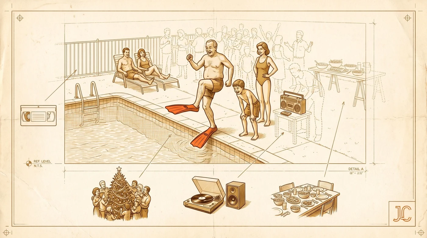 An architectural record-plate drawing of a backyard pool scene: a man in vermilion diver's flippers mid-stride, a laughing boy, three other solid figures, and a crowd, boom box and food table drawn only as faint dashed outlines, with leader lines tracing each ghost down to a real scene from another day.